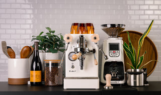 Lelit Mara X espresso machine on a kitchen counter with portafilters and wooden knobs beside jars and plants