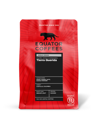 Equator Coffees Tierra Querida Colombia single origin bag with tasting notes and roast level panel