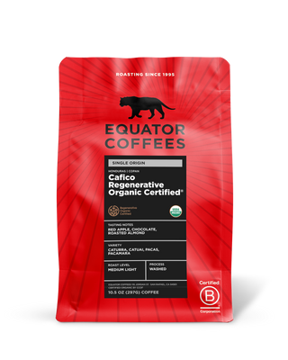 Equator Coffees Honduras Cafico bag with red packaging and Regenerative Organic Certified label
