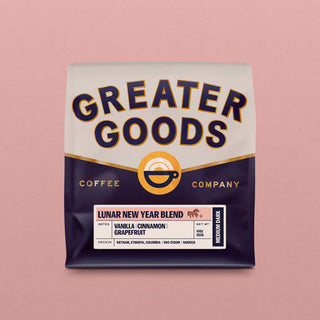 Greater Goods Lunar New Year Blend coffee bag featuring vanilla cinnamon grapefruit flavor notes