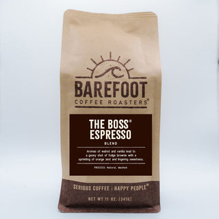 Barefoot Coffee Roasters The Boss Espresso Blend bag with logo on brown kraft paper
