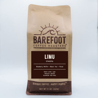 Barefoot Coffee Roasters Limu Ethiopian coffee bag with logo on brown kraft paper.