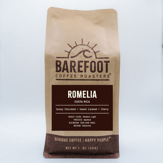Barefoot Coffee Roasters Romelia bag with Costa Rica label.