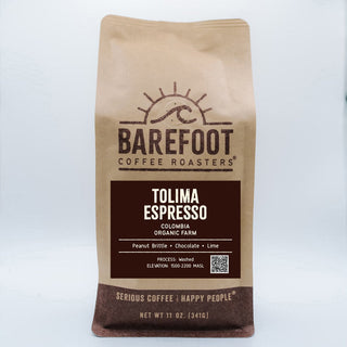 Barefoot Coffee Roasters Tolima Espresso bag featuring logo and product name