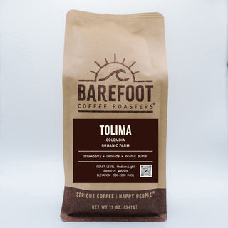 Barefoot Coffee Roasters bag featuring Tolima Colombia Organic Farm label