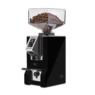 Compact Eureka Mignon Specialita Compatto espresso grinder with a clear bean hopper and front digital display.