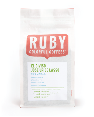 Ruby Colorful Coffees bag front featuring El Diviso Jose Uribe Lasso Colombia label
