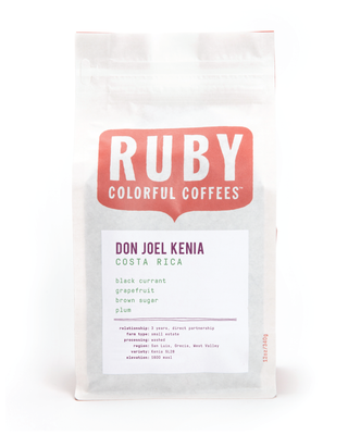 Ruby Colorful Coffees bag labeled Don Joel Kenia Costa Rica with the red Ruby logo