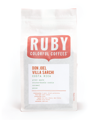 Costa Rica Don Joel Villa Sarchi coffee bag with Ruby logo and flavor notes green apple snickerdoodle cookie caramel pecan