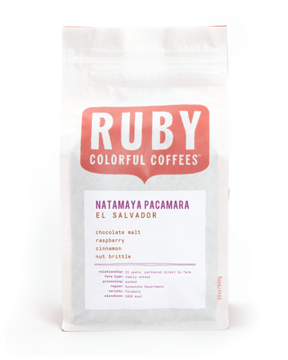 Ruby Colorful Coffees bag featuring Natamaya Pacamara El Salvador label on the front.