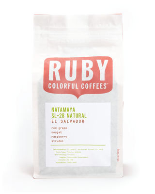 Ruby Colorful Coffees bag featuring Natamaya SL-28 Natural El Salvador label on white packaging.