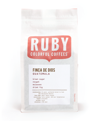 Coffee bag from Ruby Colorful Coffees featuring Finca de Dios Guatemala Nacimiento Reserve with a large red Ruby logo