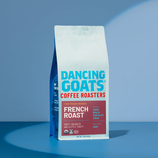 Organic Fair-Trade French Roast coffee bag with red label and certification logos.