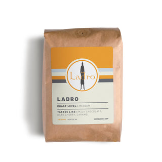 Ladro Espresso Blend bag with orange label featuring a circular Ladro logo.