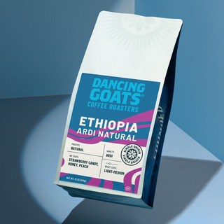 Dancing Goats Ethiopia Ardi Natural coffee bag with blue label