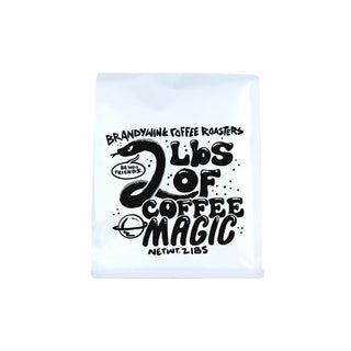 Brandywine Coffee Roasters white bag with bold black artwork and branding
