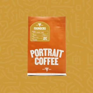 Portrait Coffee Founders bag with orange packaging shown against a yellow patterned backdrop.