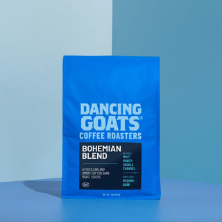 Bohemian Blend coffee bag with bold blue Dancing Goats packaging