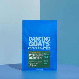 Dancing Goats Whirling Dervish coffee bag in teal packaging with prominent white WHIRLING DERVISH text on a blue background