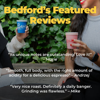 Two people hold colorful espresso cups outdoors as Bedford coffee banner overlays the scene.