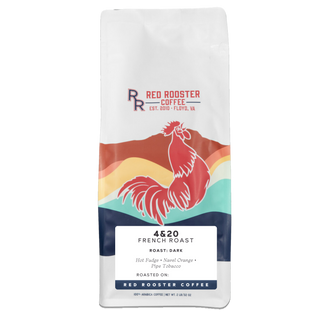 Front of a white coffee bag with Red Rooster Coffee logo and colorful rooster illustration for 4&20 French Roast
