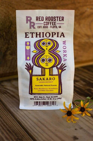 Red Rooster Coffee Ethiopia Worka Sakaro bag showing ETHIOPIA and a yellow Sakaro panel.