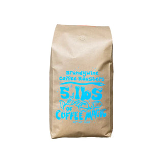 Brandywine Ethiopia Bombe Natural coffee bag in kraft with bright blue 5 LBS of Coffee Magic artwork.