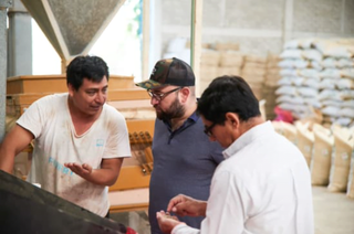 Three men inspect coffee beans in a processing facility with burlap sacks in the background