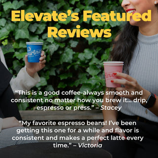 Two people outdoors holding coffee cups with a bold yellow Elevate Featured Reviews banner across the scene.