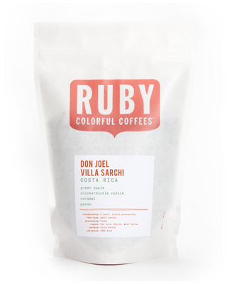 Costa Rica Don Joel Villa Sarchi bag close up showing Ruby logo on white packaging