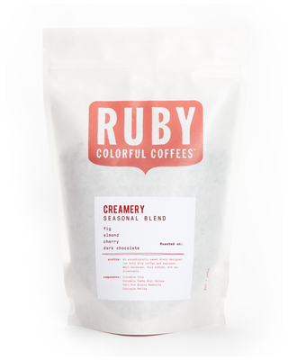 Creamery Seasonal Blend coffee bag with bold Ruby logo on a white background.
