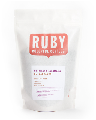 Front of Natamaya Pacamara El Salvador coffee bag with the Ruby logo.