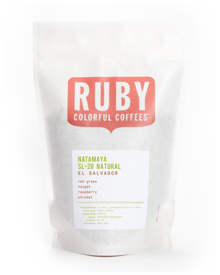 Ruby Colorful Coffees bag with Natamaya SL-28 Natural El Salvador label visible on white package.