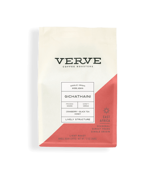 Kenya Gichathaini Misto Verve coffee bag with cream label and peach blue diagonal panel, showing single origin Nyeri Kenya