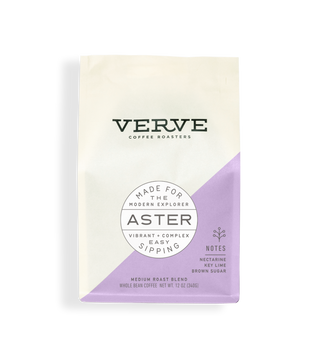 Verve Aster coffee bag with bold Verve logo and a purple corner panel featuring the Aster badge