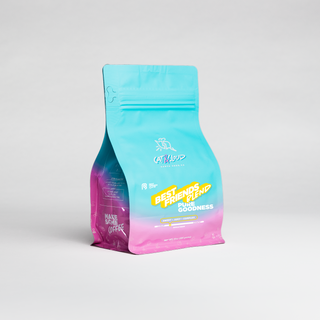 Top portion of a bright turquoise chair against a gray backdrop with a colorful Best Friends Blend bag visible at the bottom edge