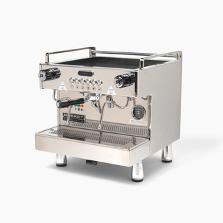 Rocket Boxer Timer Evo commercial espresso machine in polished stainless steel with dual group heads and cup rails