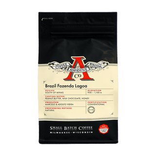 Brazil Fazenda Lagoa coffee bag by Anodyne with cream label and red A logo