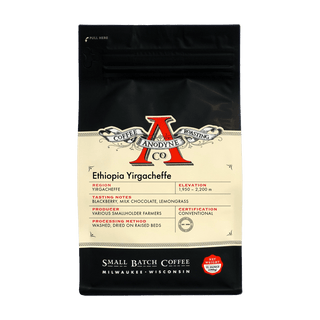 Anodyne Ethiopia Yirgacheffe coffee bag with black package and cream label listing region and tasting notes