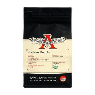 Honduras Marcala organic washed coffee bag from Anodyne Roasting Co with COMSA cooperative label.