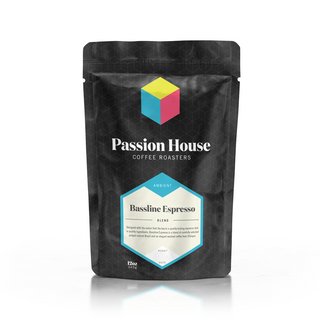 Passion House Bassline Espresso bag with hex patterned black packaging and a colorful cube logo on the front.