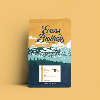 Big Timber Blend coffee bag featuring Evans Brothers branding and a mountain landscape illustration on orange packaging