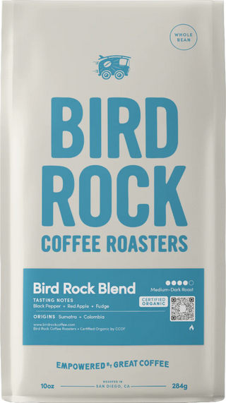 Bird Rock Blend coffee bag with bold blue branding and a tasting notes panel.