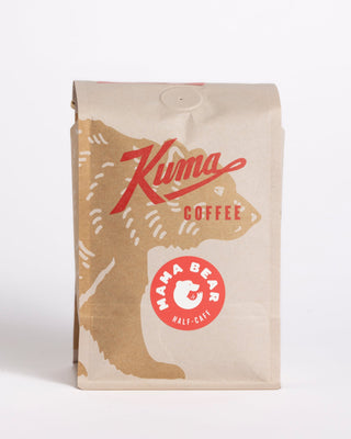 Momma Bear 50 50 Decaf Regular Blend bag with a red half caf badge and bear graphic