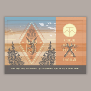 Boldly Go coffee bag with split artwork showing a coastal scene on the left and an orange panel with bold text on the right.