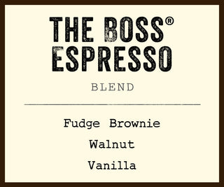 The Boss Espresso Blend label on a beige bag listing Fudge Brownie Walnut Vanilla flavors