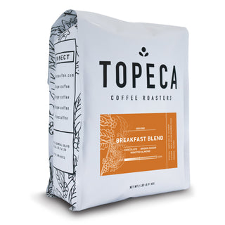 Close-up of Topeca Breakfast Blend bag showing the TO OPEN seal and an orange tasting panel.