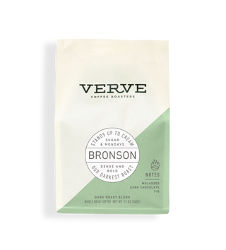 Verve Bronson dark roast coffee bag with circular Bronson label and a mint green diagonal panel.