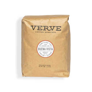 Verve Buena Vista whole bean coffee bag with a circular label on brown paper.