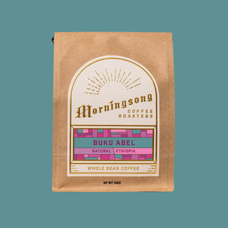 Buku Abel Natural Ethiopia coffee bag from Morningsong Coffee Roasters with a colorful Buku Abel label.